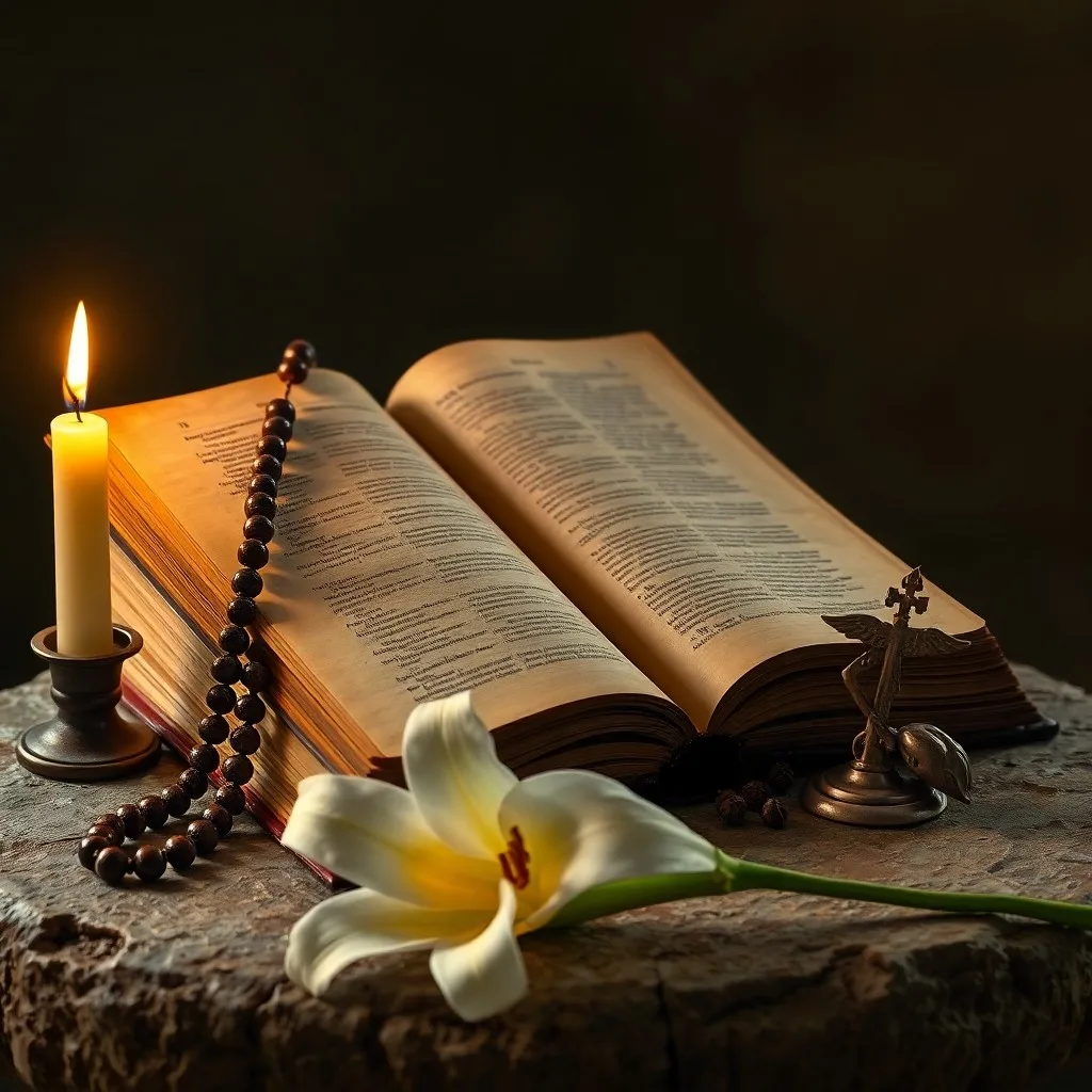 Acuarela de un rosario gastado entrelazado con un lirio blanco en una mesa de madera antigua, iluminado por un suave resplandor, simbolizando pureza, oración y una transición pacífica.
