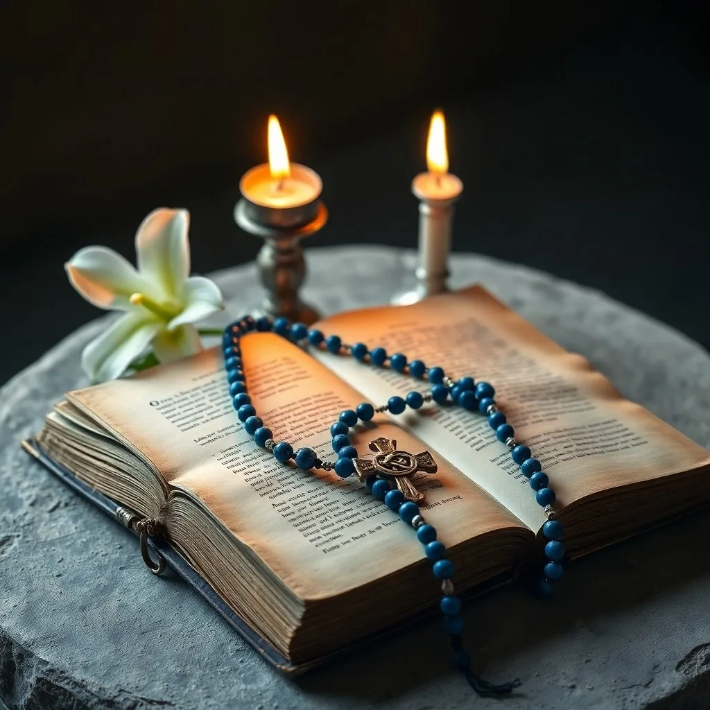 Fotografía vintage de una Biblia abierta y una cruz en una mesa, simbolizando la fe y la tradición.