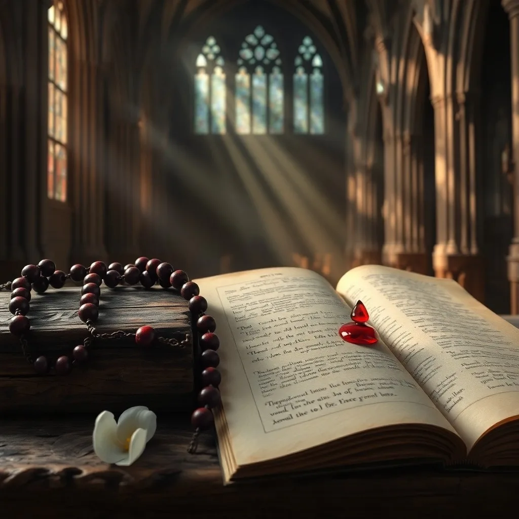 Fotografía macro de un rosario antiguo de cuentas rojas sobre un libro de oraciones de cuero, iluminado por la luz de una vela, evocando un ambiente de oración y meditación.