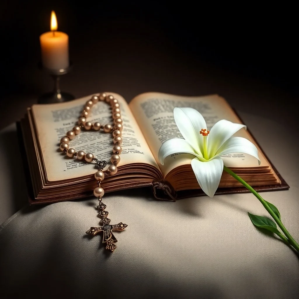 Una mesa antigua de madera con un libro de oración de cuero abierto, una rosa blanca delicada y un crucifijo de plata pulida. La luz suave de una ventana ilumina la escena, creando una atmósfera de reverencia.