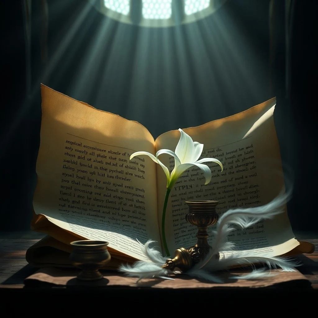Detalle de un antiguo pergamino hebreo con un fragmento de ala dorada y una cabeza de buey tallada, iluminado por un rayo de luz.