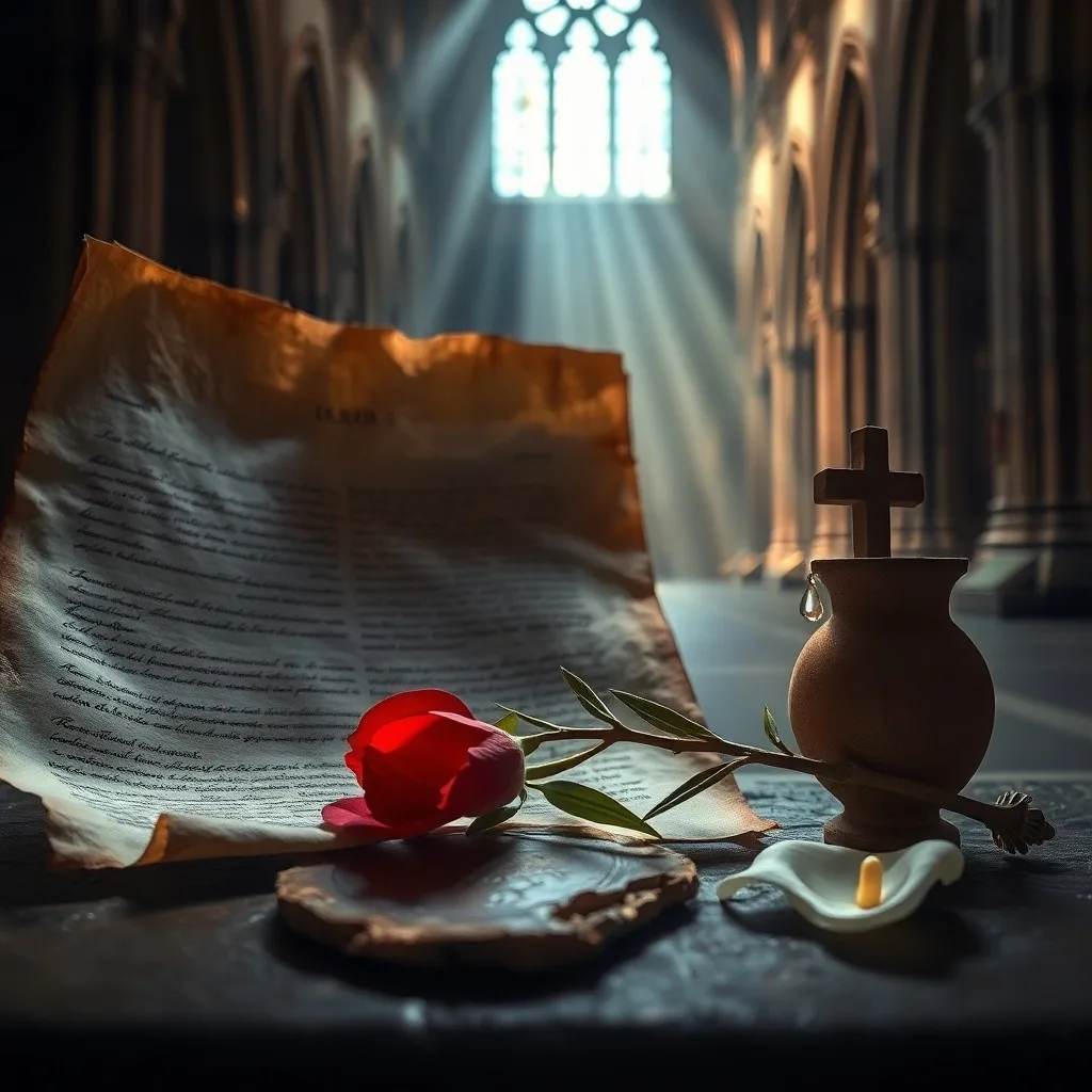 Naturaleza muerta cinematográfica de un pergamino antiguo con inscripciones latinas, una lámpara de aceite parpadeante y un símbolo de pez de madera, evocando la clandestinidad cristiana.