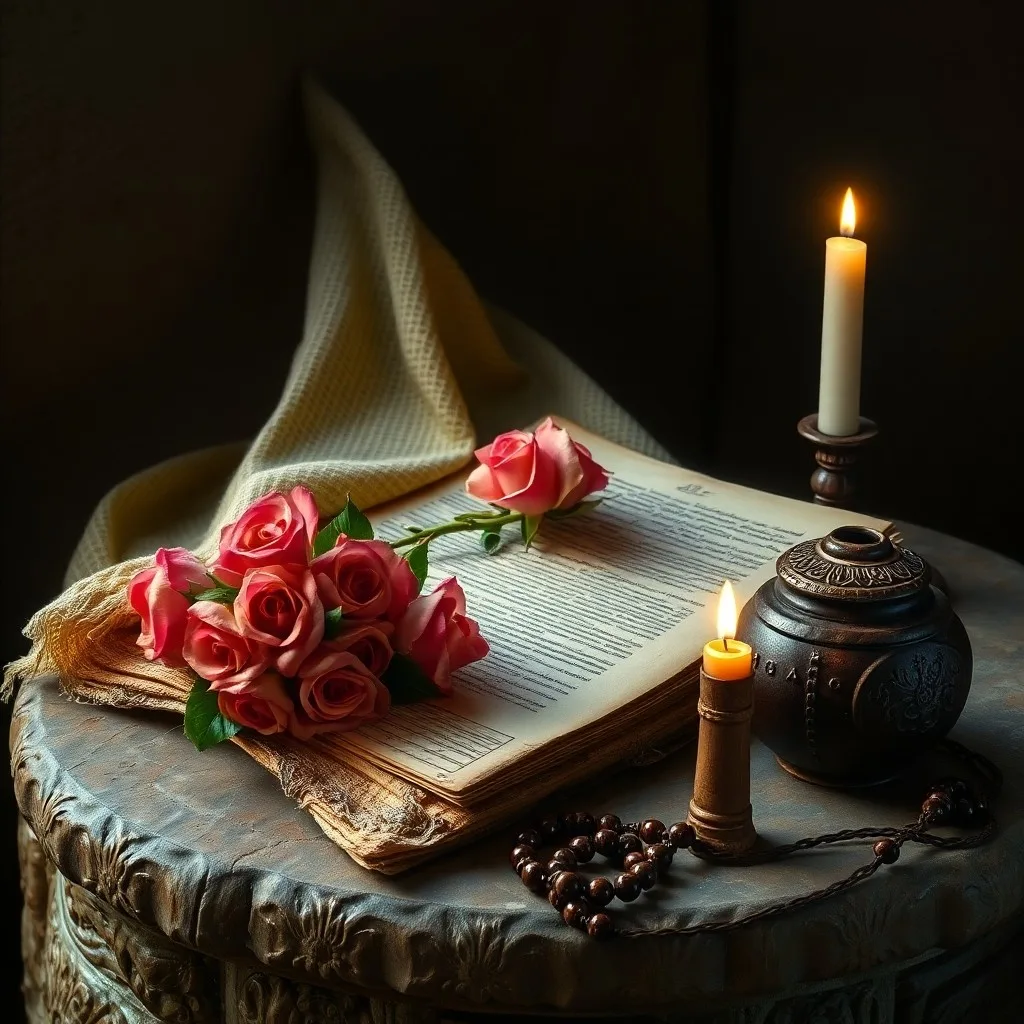 Pintura al óleo de un ramo de rosas de Castilla frescas en un jarrón de barro sobre una mesa de madera rústica, con luz solar resaltando los pétalos.