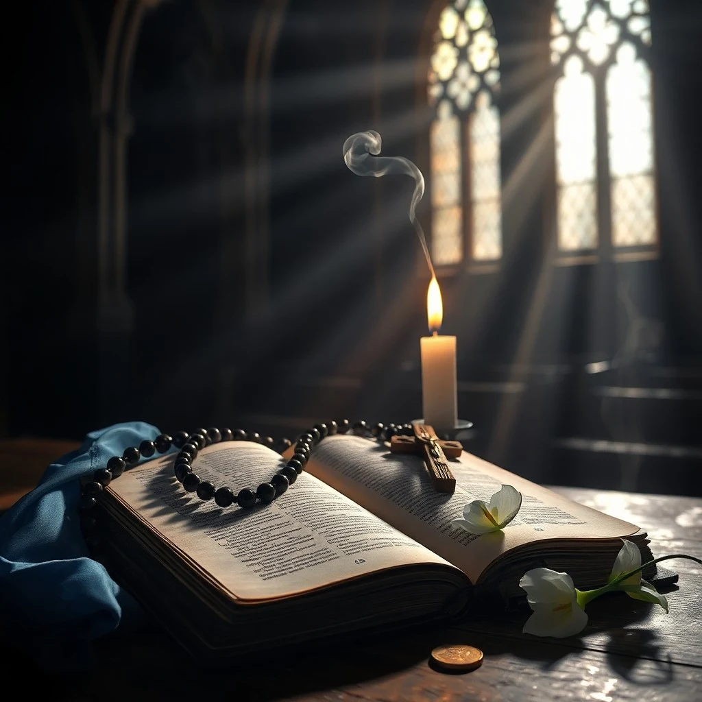 Rosario antiguo y libro de oraciones sobre una mesa de madera, simbolizando la devoción y la intercesión por las almas.