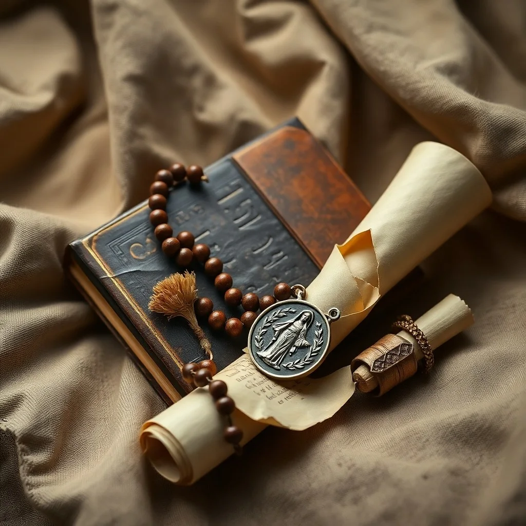 Colección de tarjetas de oración antiguas y rosarios desgastados sobre una superficie de madera, iluminados por una luz suave y etérea, simbolizando la devoción popular y el impacto del fraile.