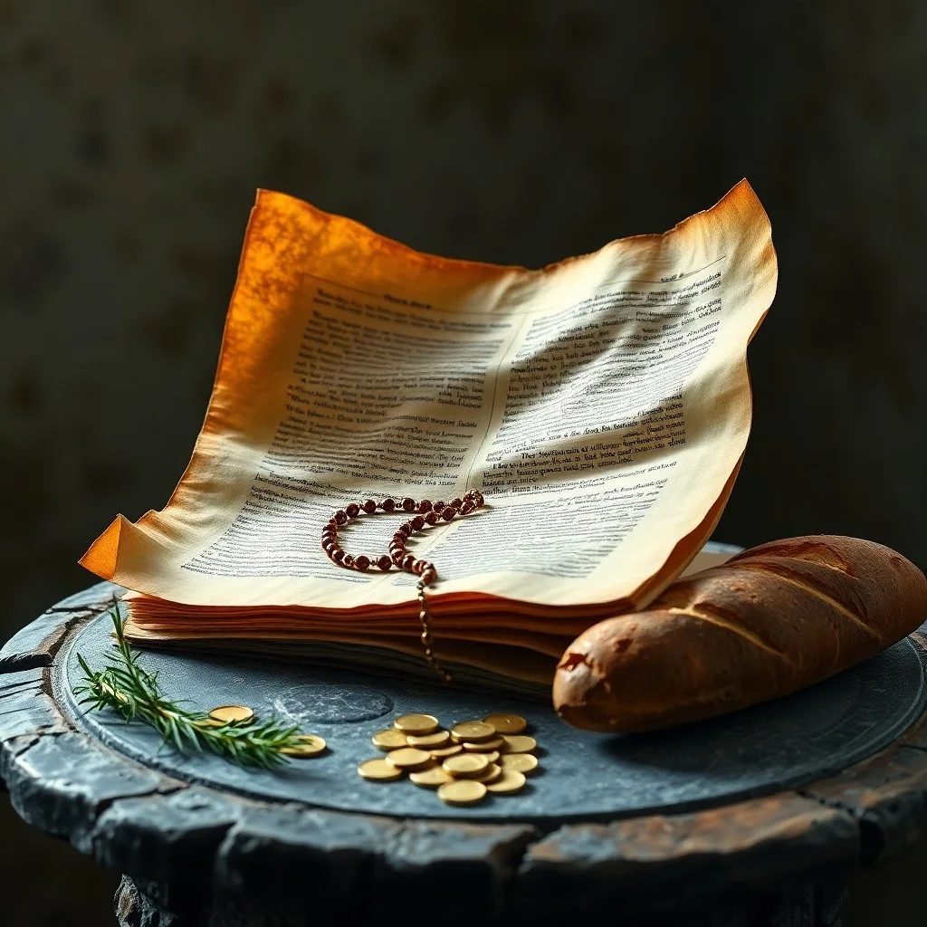 Fotografía de naturaleza muerta de un rosario de madera sobre una Biblia abierta y un cuenco de hierbas medicinales, con luz cálida.