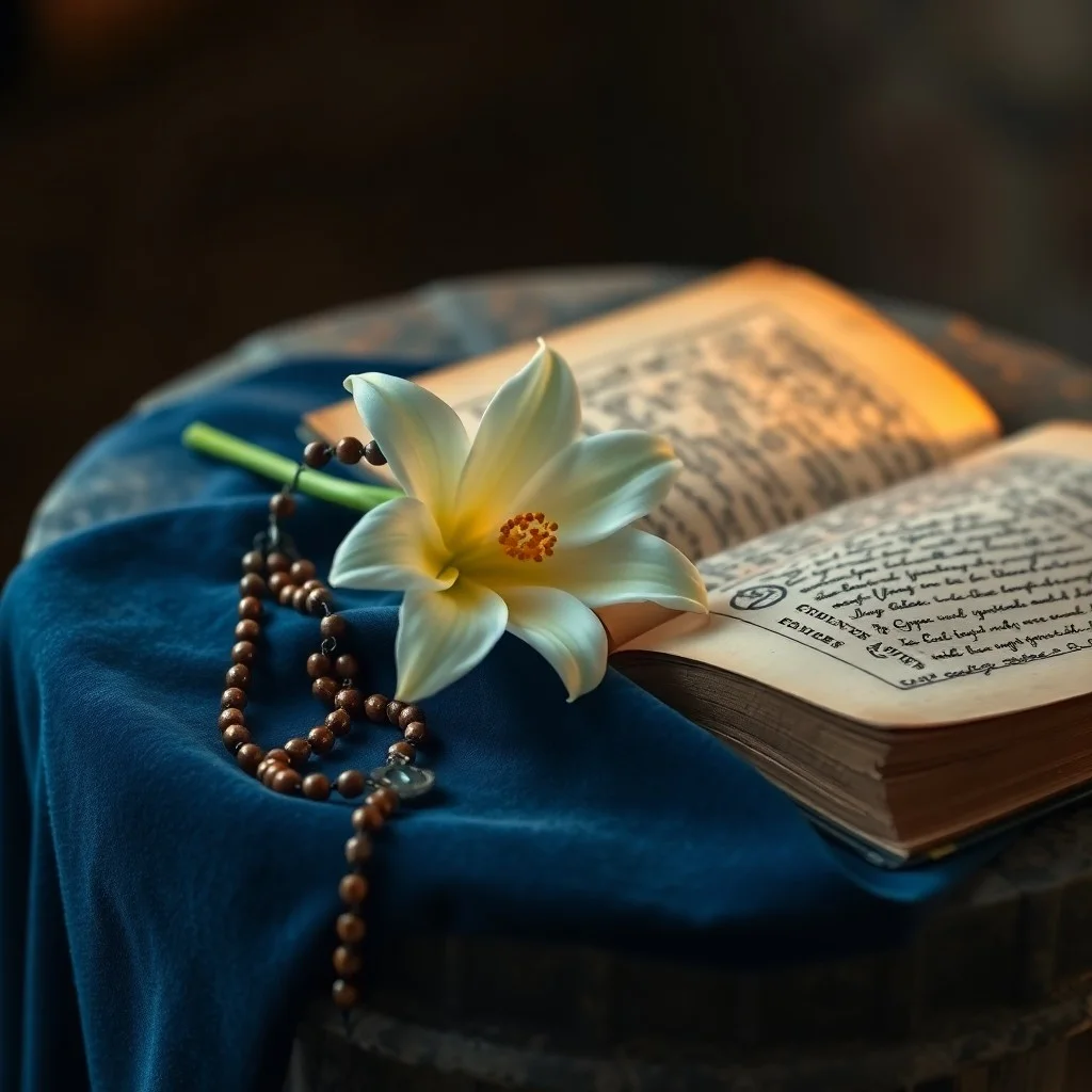 Bodegón cinematográfico de un libro antiguo 'True Devotion' abierto en un escritorio de madera, un rosario y una vela encendida, simbolizando reflexión espiritual.