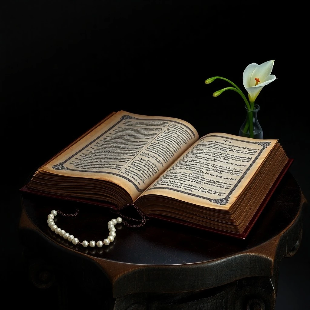 Un libro antiguo de cuero con detalles dorados, una vela encendida y un rosario de madera, evocando un ambiente de estudio y oración.