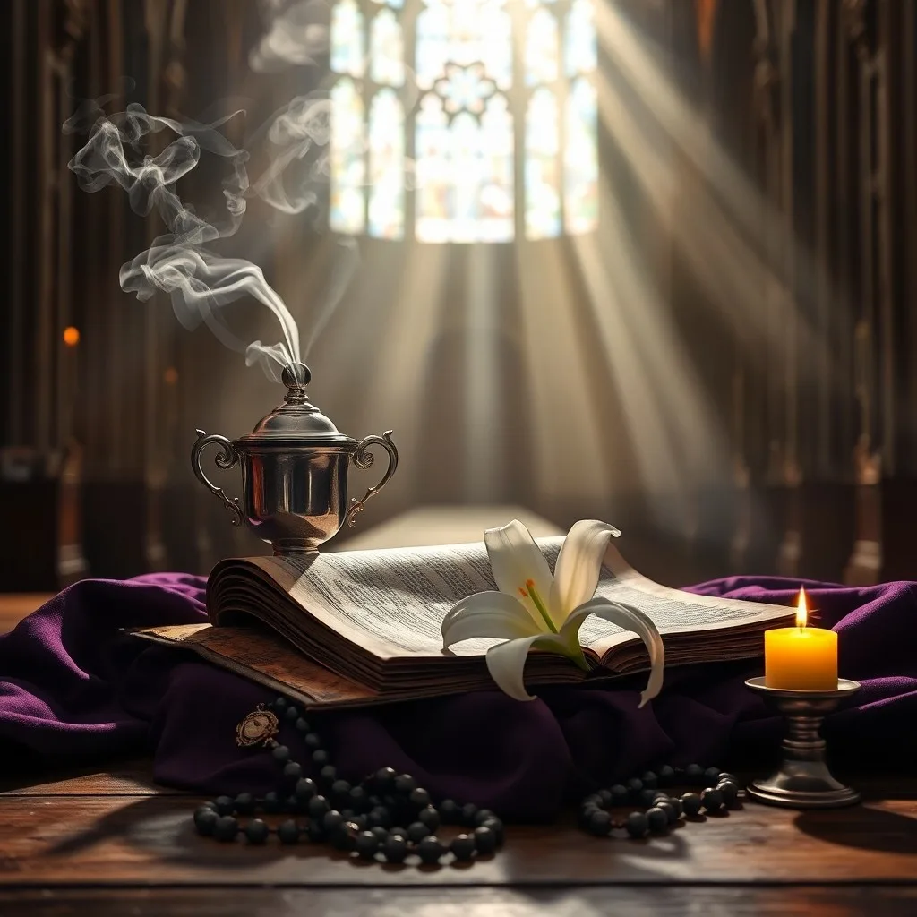 Bodegón de resinas de incienso antiguas: olíbano, mirra y benjuí, dispuestas sobre una mesa de madera con una cuchara de plata, evocando la historia de los rituales sagrados.