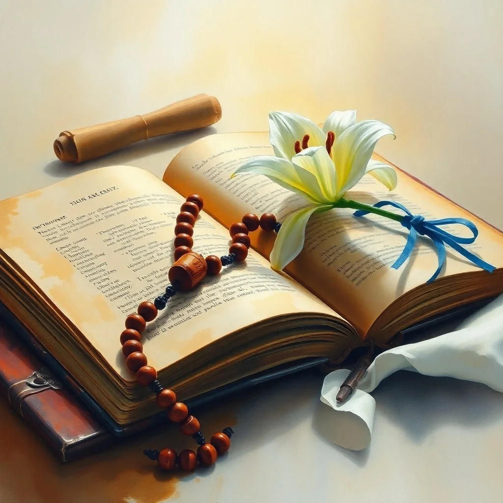 Pintura de acuarela de una Biblia abierta sobre una mesa de madera con una luz cálida.