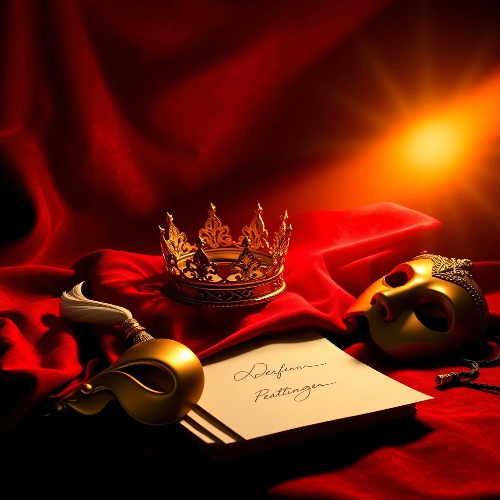 Cinematic Still Life of a vintage, ornate golden theater mask resting on a velvet cushion, surrounded by scattered, glowing embers and a single, dramatic spotlight from above.