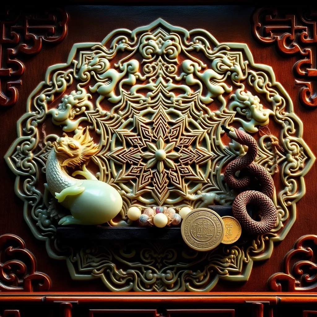 Conceptual art of a jade dragon statue emerging from mist with ancient coins and silk tapestry.