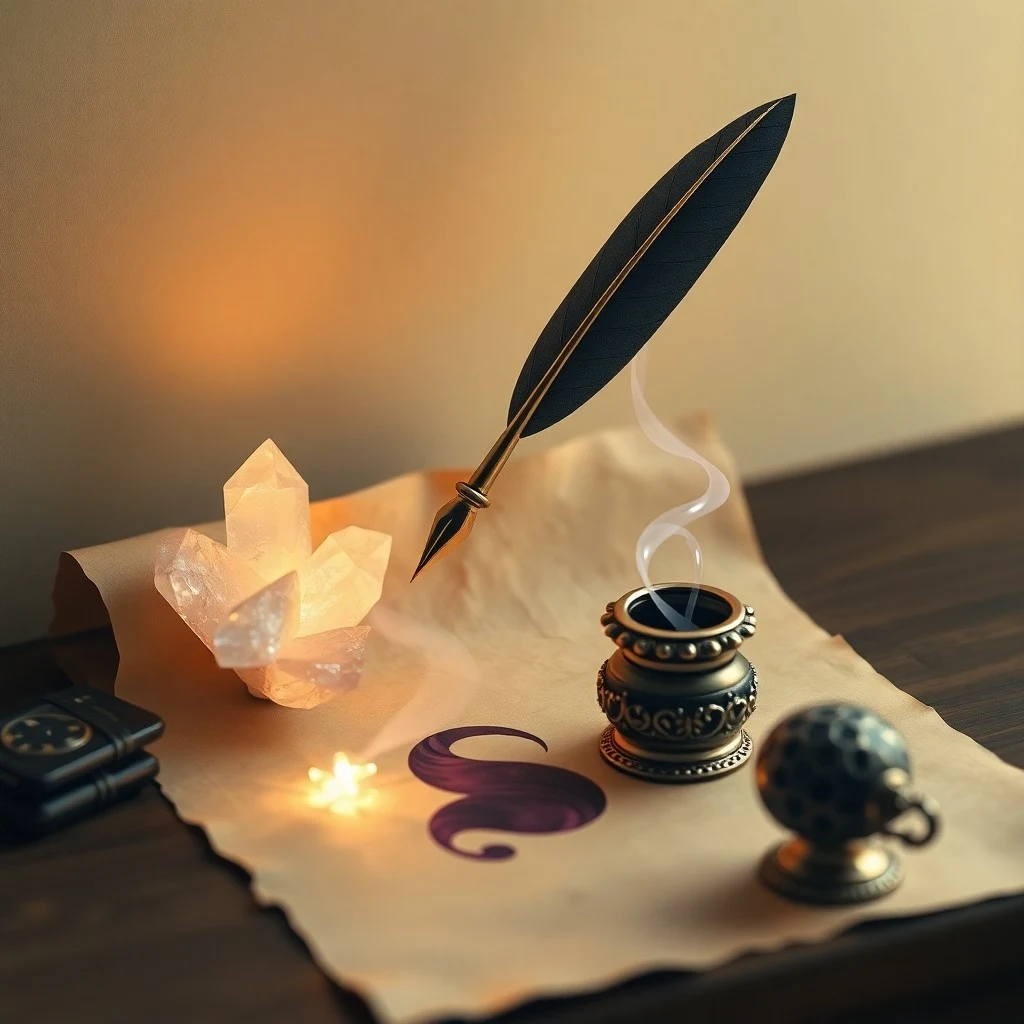Cinematic still life of a vintage leather-bound journal with flowing script, a crystal pendulum, and a flickering candle on a wooden desk.