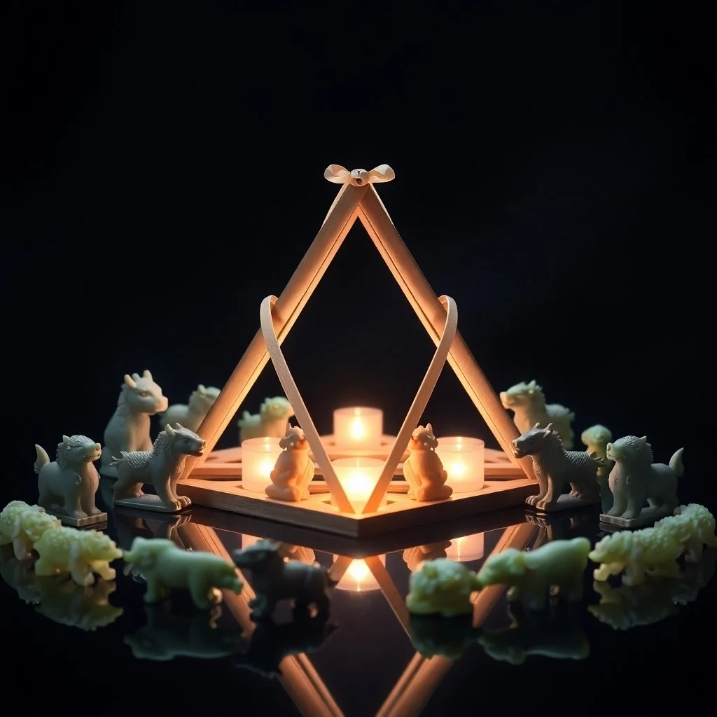 Cinematic Still Life of ancient Chinese artifacts: a weathered scroll, jade monkey, bronze ox, and porcelain rabbit, symbolizing zodiac connections.
