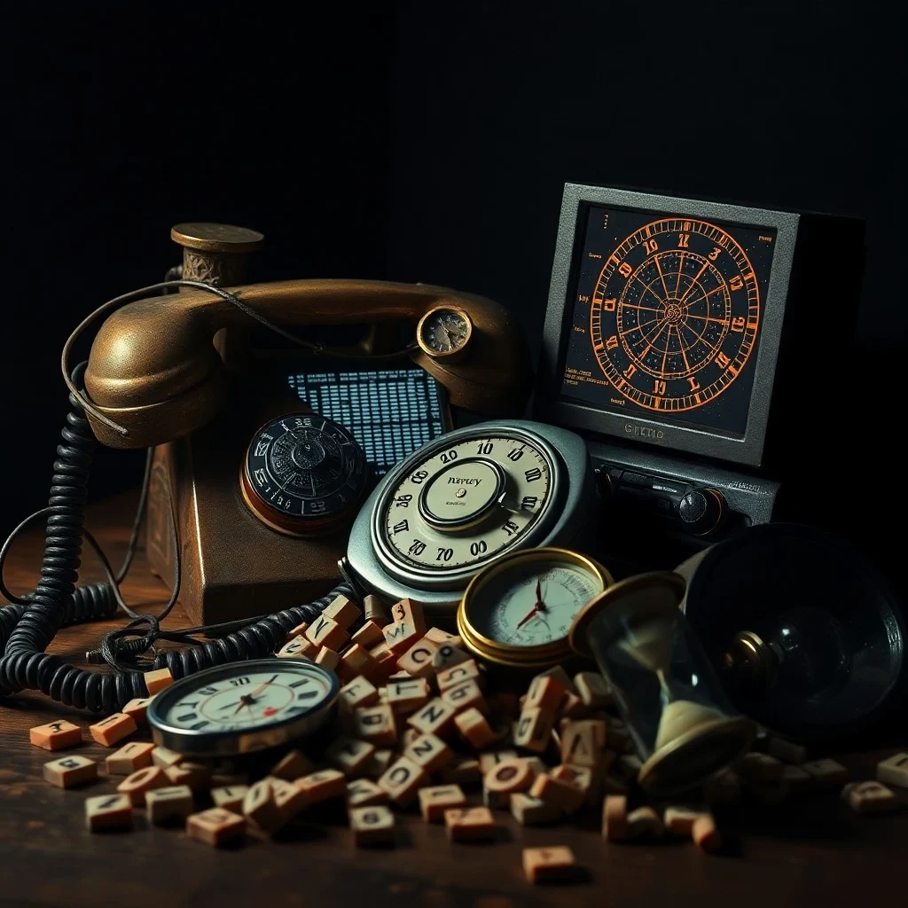 Close-up shot of a vintage rotary phone with its cord hopelessly tangled and a cracked screen on a modern smartphone lying beside it, all bathed in a soft, melancholic blue light. Focus on texture and the juxtaposition of old and new communication failures.