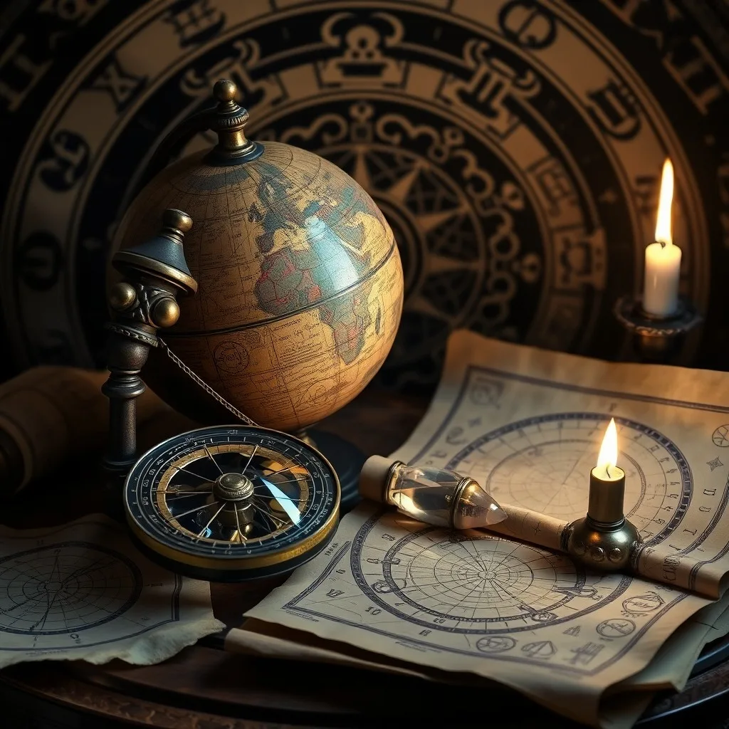 Cinematic Still Life of an ancient astrolabe on velvet, surrounded by old parchment with astrological symbols, dramatic lighting.