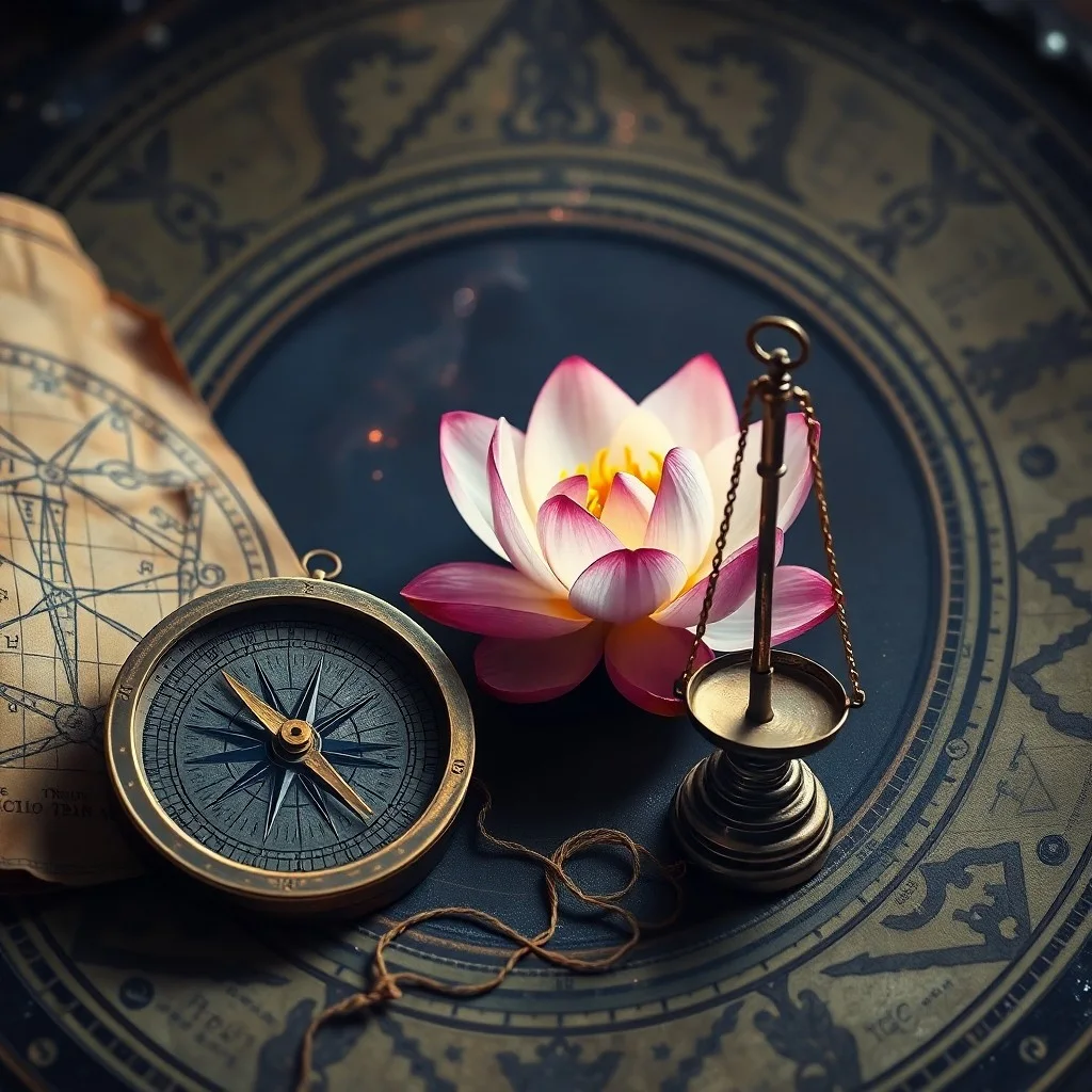 Vintage celestial map unfurled on an antique wooden desk, illuminated by a single flickering candle, surrounded by ancient astrological texts and a compass pointing towards an unknown destiny.