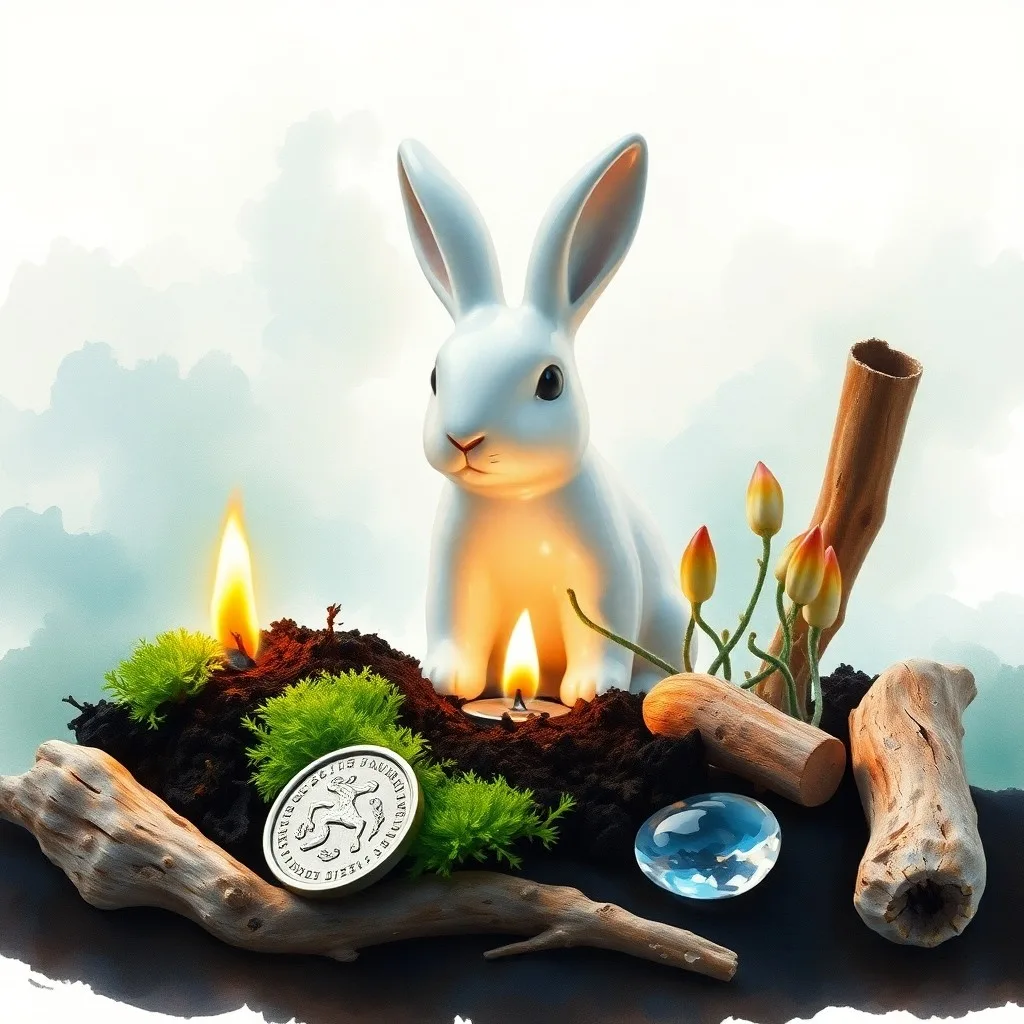 3D digital illustration of abstract, flowing elemental symbols (wood, fire, earth, metal, water) converging around a minimalist rabbit emblem.