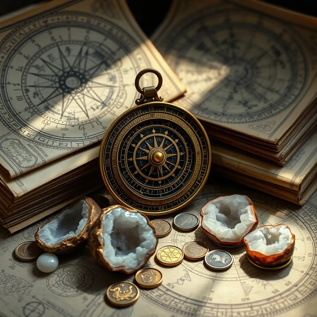 Vintage Photography still life of an antique brass astrolabe resting on aged parchment paper, partially unrolled to reveal hand-drawn astrological charts and symbols. A quill pen and a small, leather-bound book titled 'Ancient Wisdom' lie nearby. Soft, diffused light from a window illuminates the scene, evoking a sense of historical study and discovery.