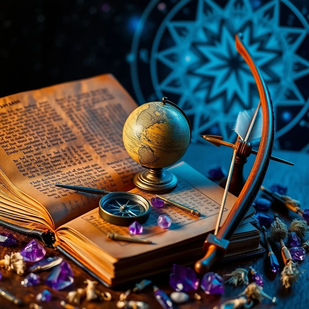 A vintage leather-bound globe on a desk with old maps, a compass, and an open travel journal, symbolizing Sagittarius's love for exploration and discovery.