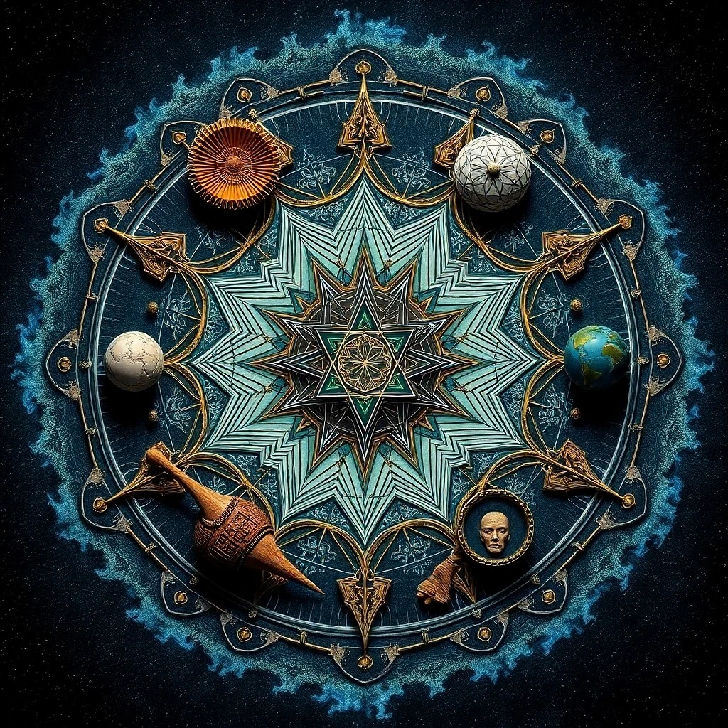 Abstract conceptual art depicting an expanding universe with swirling nebulae and intersecting geometric shapes, symbolizing Sagittarius's philosophical and intellectual pursuit of knowledge.