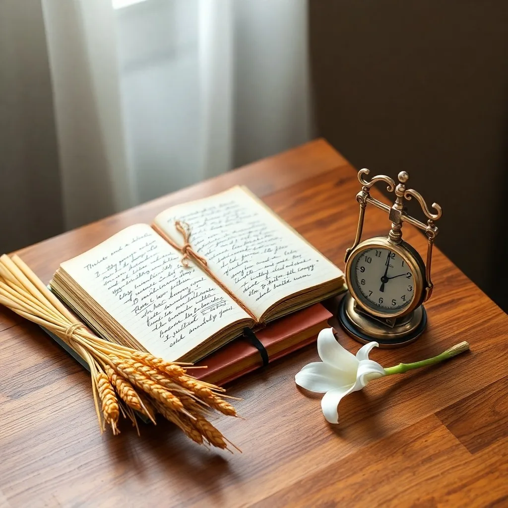 Cinematic still life photography of a vintage magnifying glass resting on an open, well-worn scientific journal, surrounded by neatly organized, antique botanical samples and a small, precise measuring ruler, all on a wooden desk. Soft, warm lighting.