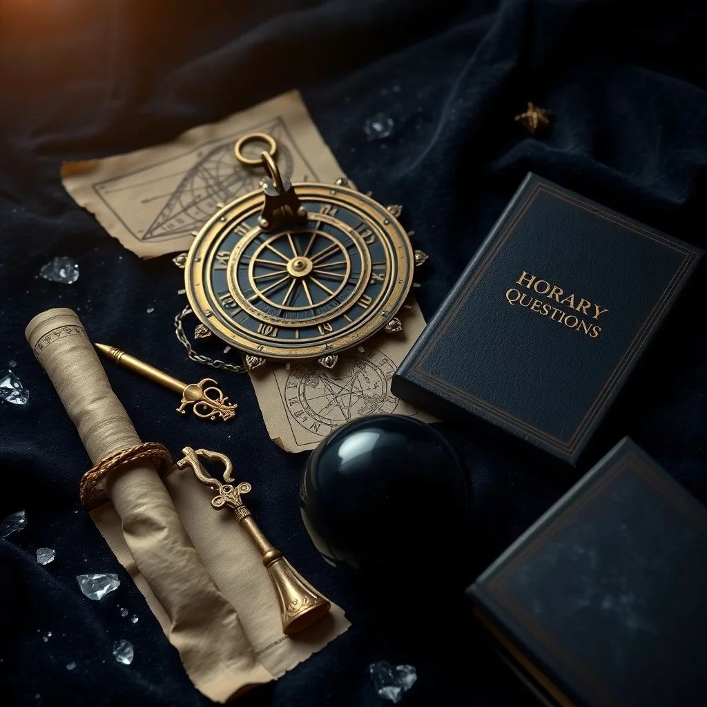 3D rendered stylized glowing question mark of celestial bodies floating above an astrological chart with intricate lines and symbols against a deep space background.