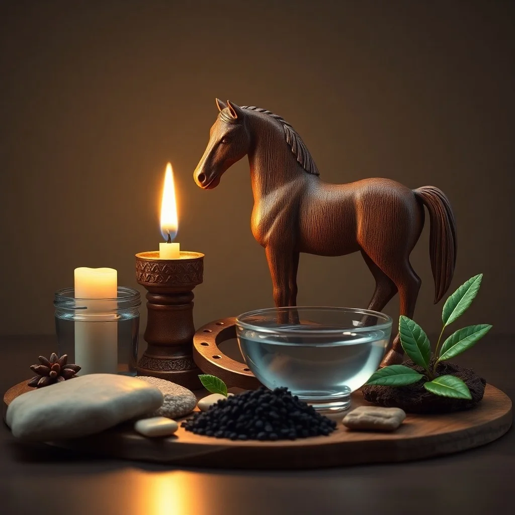 Conceptual art piece showing a delicate glass sculpture of a horse's head, with swirling patterns of smoke, water, and metallic threads intertwining around it, symbolizing the complex dance of elemental influences and destiny.
