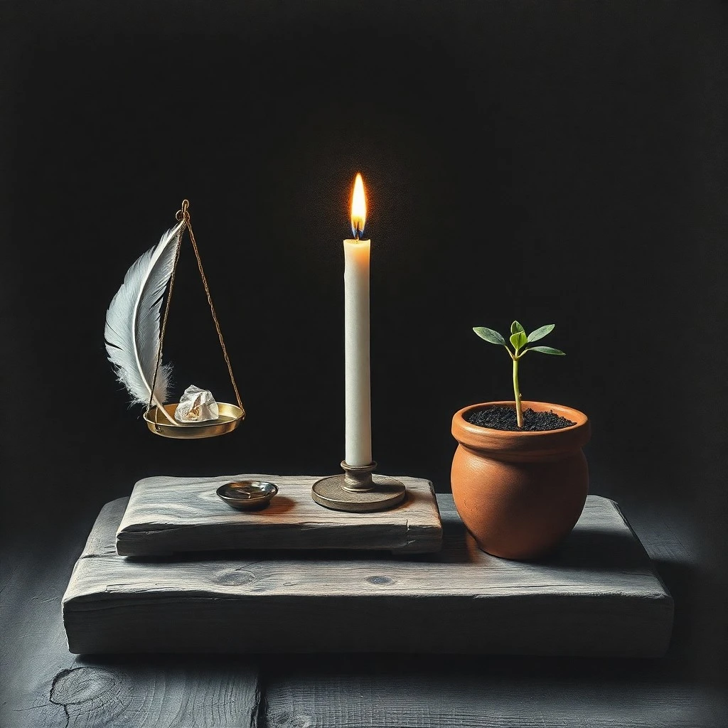 Ancient Tools of Esoteric Practice An antique wooden desk adorned with a worn leather-bound grimoire, a quill pen, dried herbs in small glass vials, and a single, flickering beeswax candle, evoking the historical and scholarly aspect of esoteric practice. Macro shot.