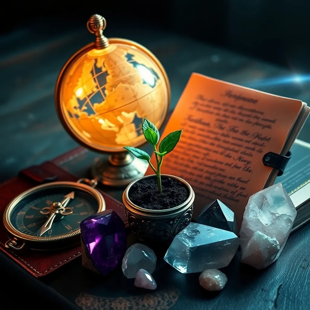 Digital illustration of an antique, leather-bound journal open to a page with elegant, handwritten affirmations, beside a vintage quill pen and a small, glowing crystal, bathed in soft, golden light.