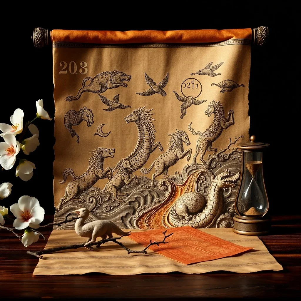 An antique, weathered scroll unrolling to reveal intricate, stylized depictions of the twelve Chinese zodiac animals in a circular arrangement, illuminated by a soft, warm light, resting on a polished dark wood table amidst ancient Chinese coins and a delicate ink brush.
