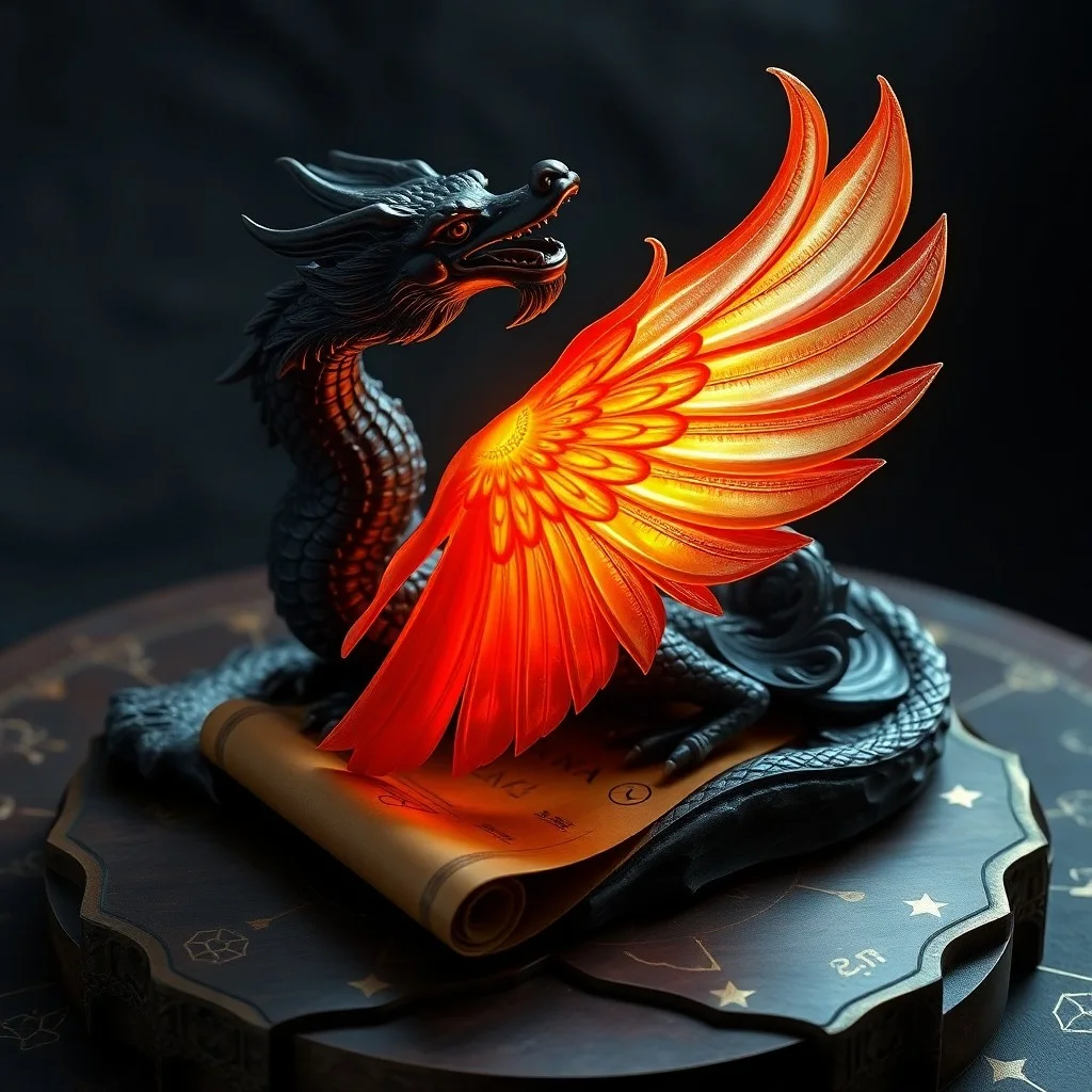 A still life of an antique Chinese scroll with a dragon and phoenix, surrounded by symbolic elements like water, fire, earth, metal, and wood.