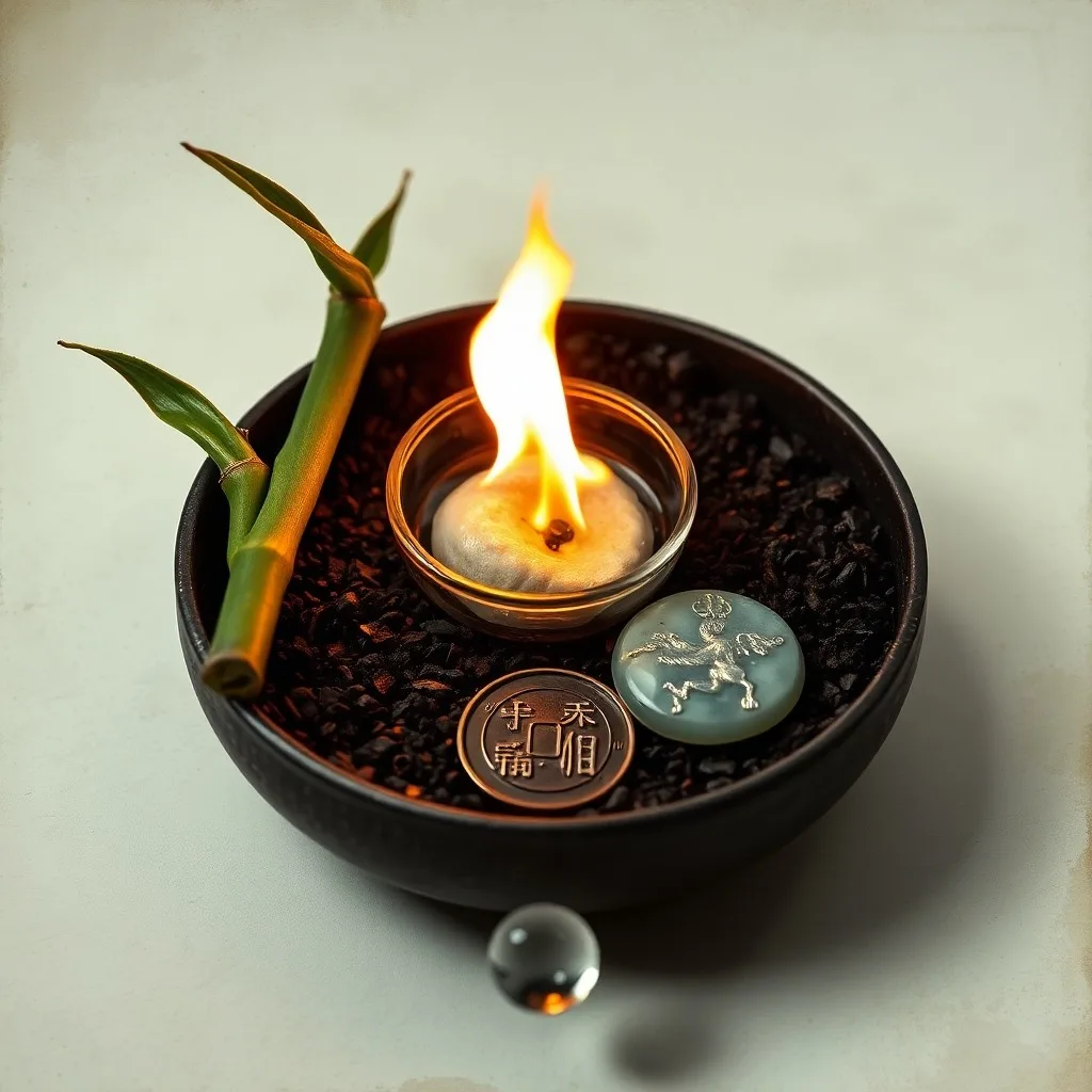 Cinematic still life of ancient Chinese artifacts: a polished wooden scroll, a flickering oil lamp, a bowl of rich earth, a gleaming bronze mirror, and a clear glass of water, arranged on a silk cloth under dramatic lighting.