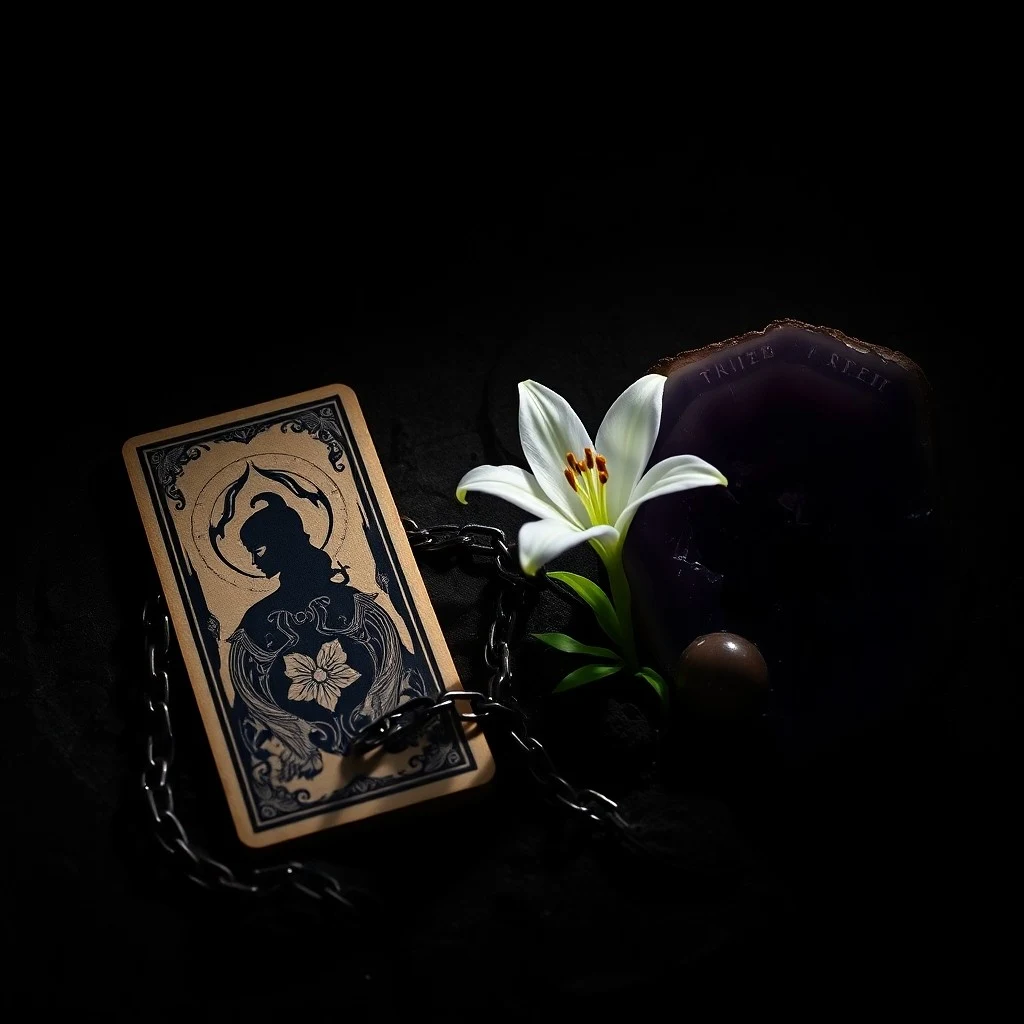 Cinematic still life of an antique, leather-bound journal open to a page with illegible script, surrounded by scattered, worn tarot cards and a single, flickering candle in a dimly lit, cozy room.