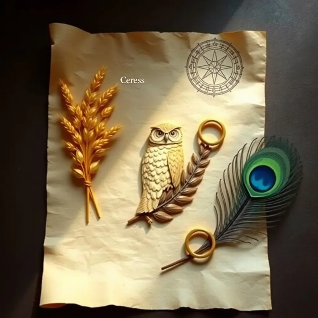 Cinematic still life of a rustic wooden table adorned with a bountiful harvest of fresh grains, ripe fruits, and a ceramic bowl overflowing with nourishing food. A single, delicate wildflower rests beside a small, ancient-looking coin, bathed in warm, soft light. Focus on textures and natural abundance.