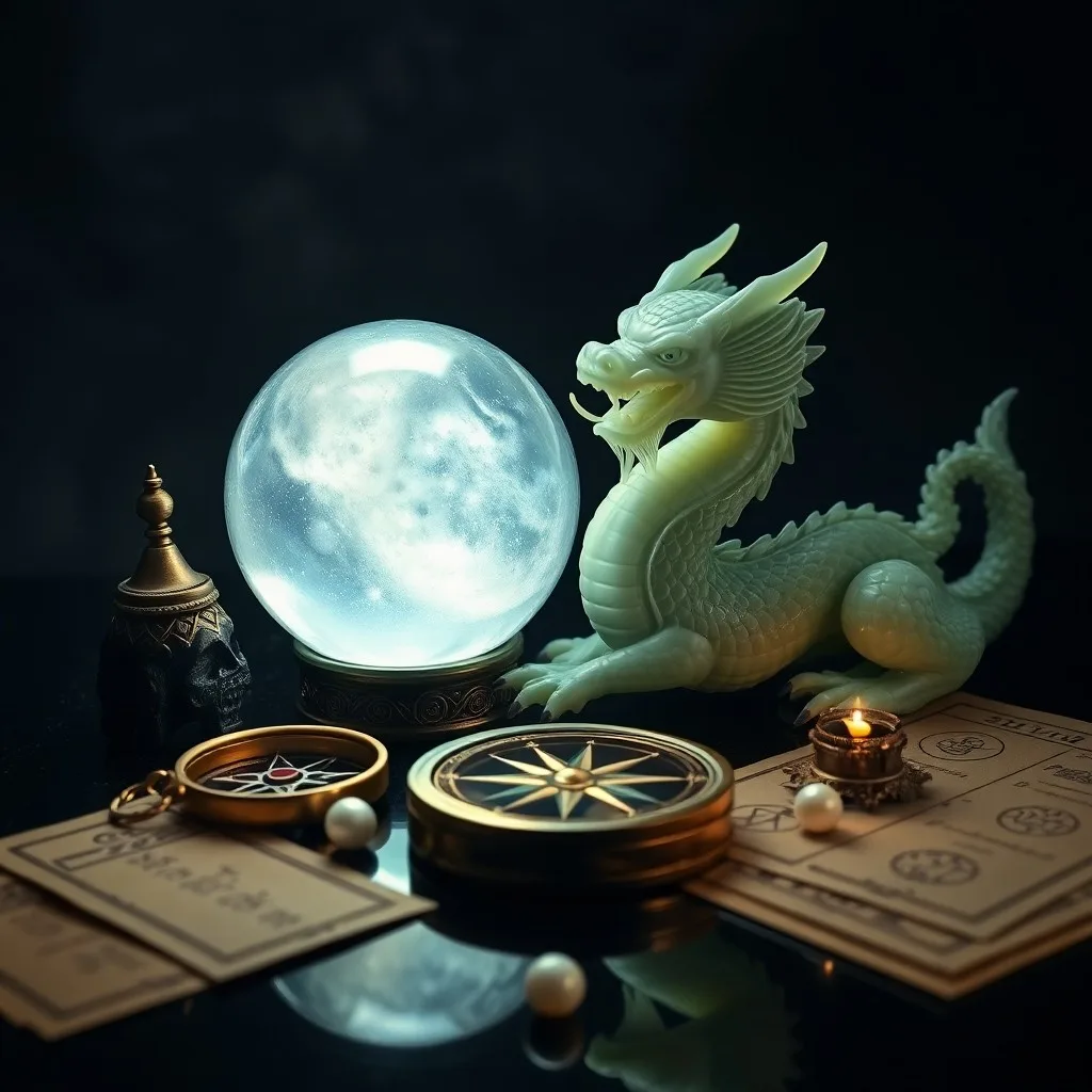 An ancient, worn scroll with a faded dragon illustration, surrounded by scattered Chinese coins and a small, intricately carved jade dragon figurine, resting on a dark, polished wooden surface under soft, dramatic lighting.
