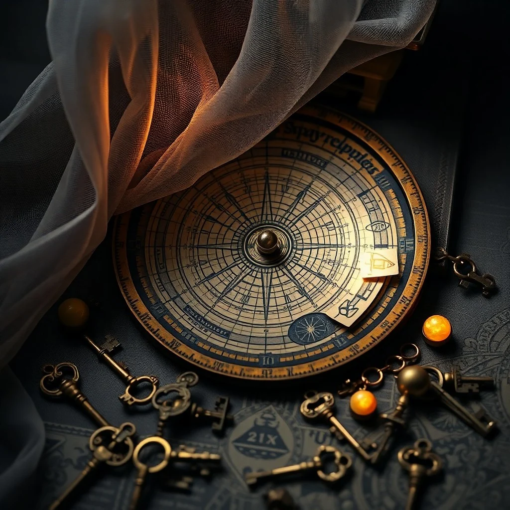 Cinematic still life of an antique, leather-bound astrological text, partially open to a page with faded diagrams, lying on a dark wooden desk under a single beam of light, surrounded by scattered, aged parchment scrolls and a magnifying glass. The scene evokes a sense of ancient wisdom and deep study.