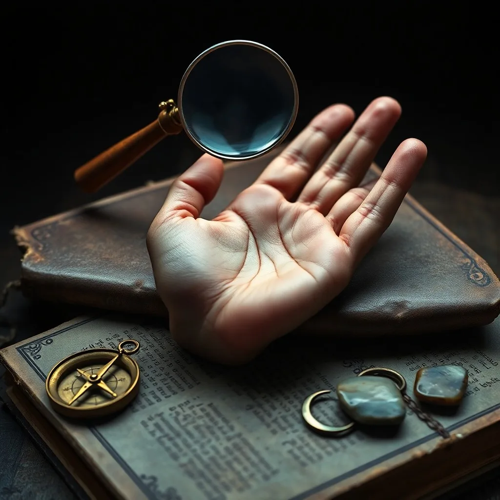 Cinematic still life of ancient, worn leather-bound books on palmistry, an antique magnifying glass, and a single, intricately carved wooden hand resting on a velvet cloth.
