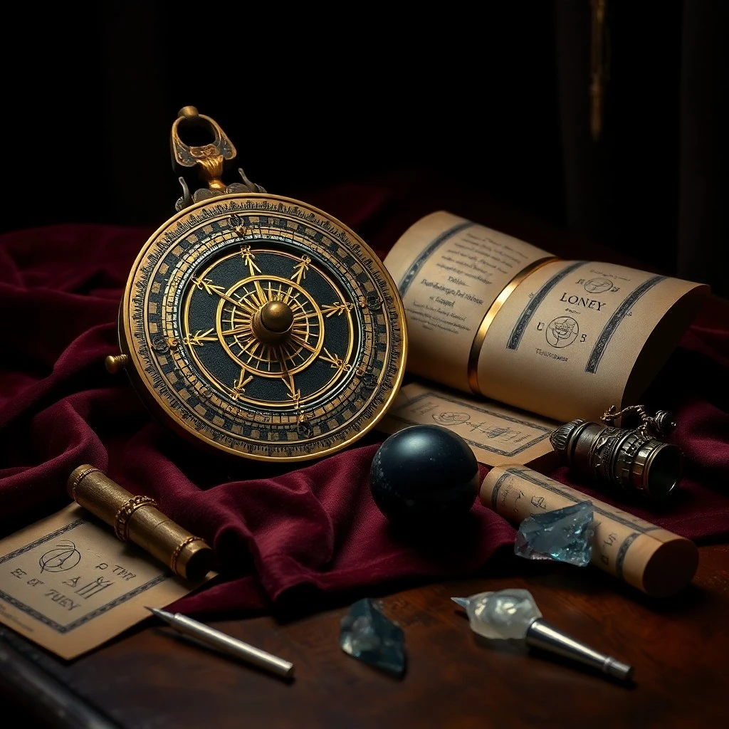 Antique brass astrolabe on velvet with old scrolls and quill pen