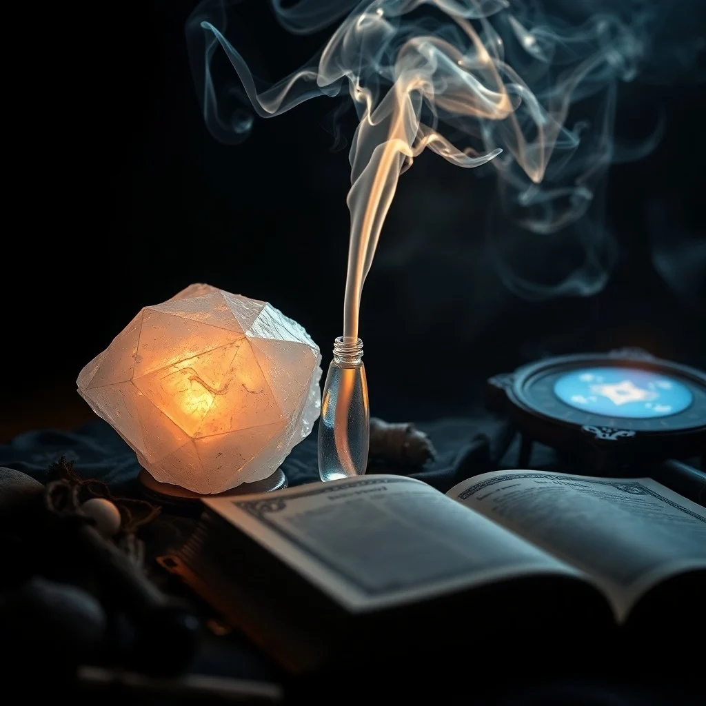 Cinematic still life of spiritual tools: smoking sage, selenite wand, crystal singing bowl, and an open journal on an antique wooden table, bathed in ethereal light.