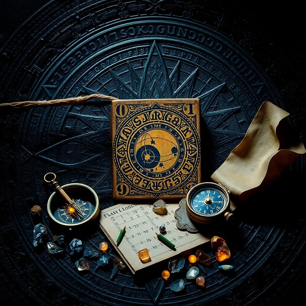 Cinematic still life photo of an ancient, leather-bound numerology book open to a page with handwritten calculations, surrounded by a vintage compass, a quill pen, and scattered, worn parchment scrolls, all bathed in a soft, ethereal light.