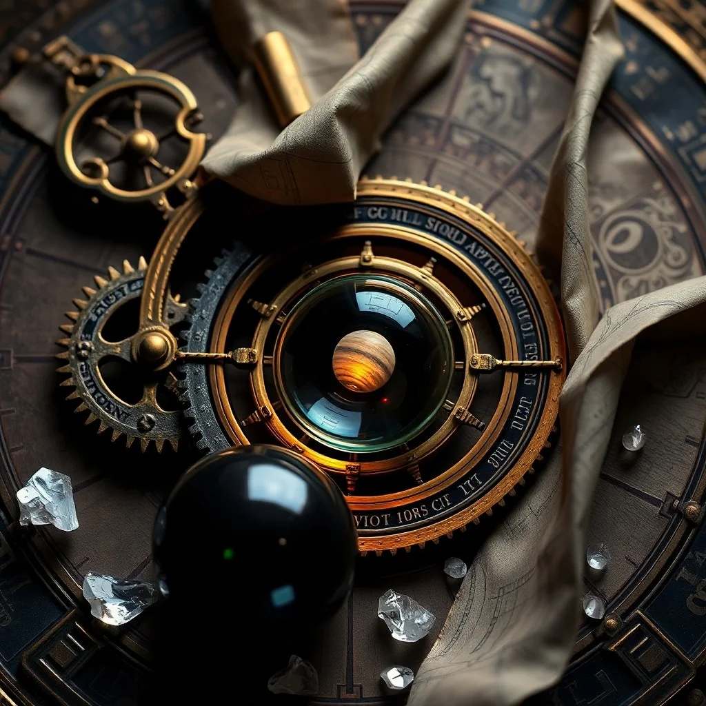 Cinematic still life of an open vintage astrology book, antique compass, and quill on a desk, bathed in moonlight, symbolizing the study of cosmic influences.
