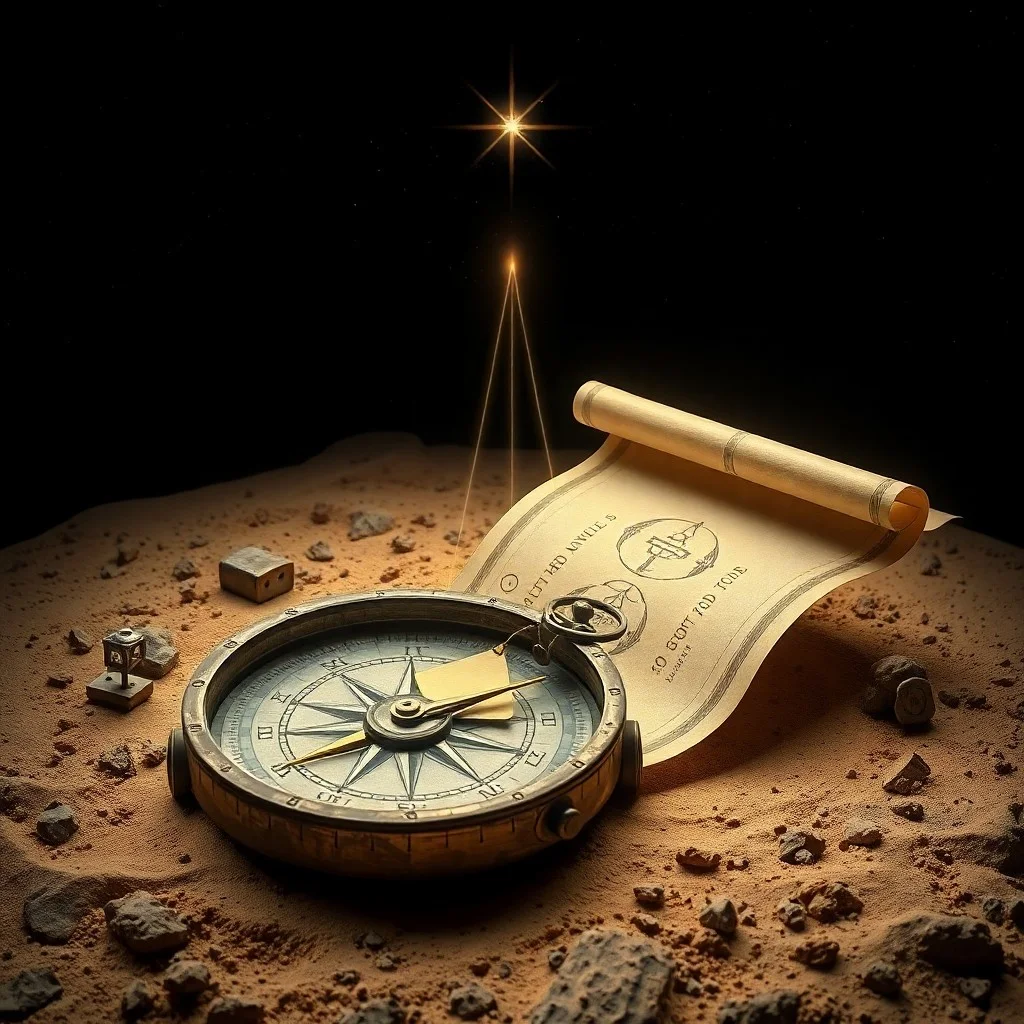 An antique, leather-bound journal with faded gold lettering, open to a page filled with handwritten astrological symbols and diagrams. A single, flickering candle casts long shadows across the page, and a small, intricate compass lies beside it, pointing vaguely towards an unseen north. The scene is set on a dark, polished wooden desk, evoking a sense of ancient wisdom and personal discovery.