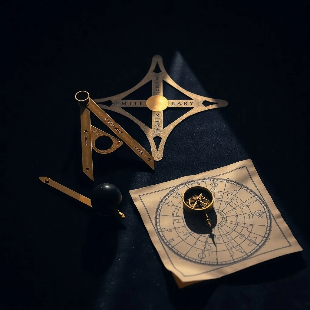 Cinematic still life of an antique compass on an astrological book, with a quill and candle