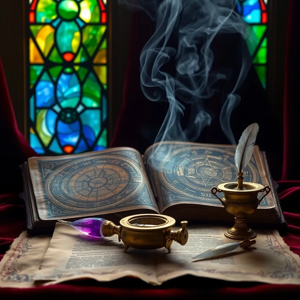 Cinematic still life photo of a vintage compass and magnifying glass on a parchment scroll with esoteric symbols.