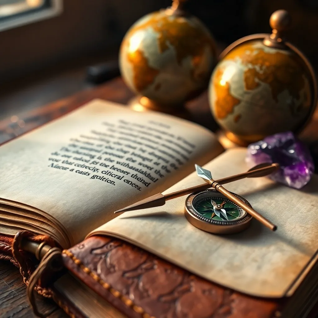 A cinematic still life of an antique leather-bound globe on philosophical texts, with a compass and quill pen, representing the intellectual journey and global exploration of Sagittarius.