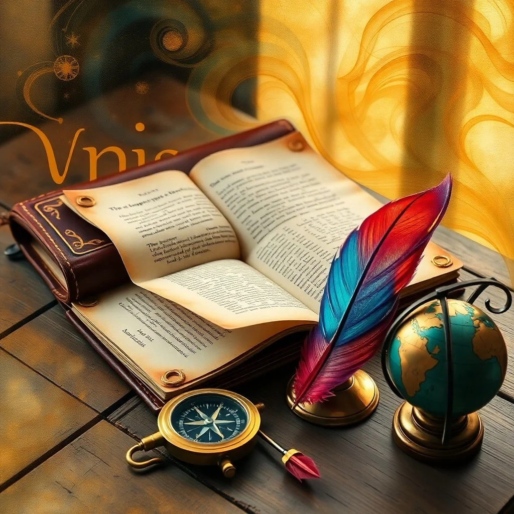 A cinematic still life of an antique leather-bound globe on philosophical texts, with a compass and quill pen, representing the intellectual journey and global exploration of Sagittarius.