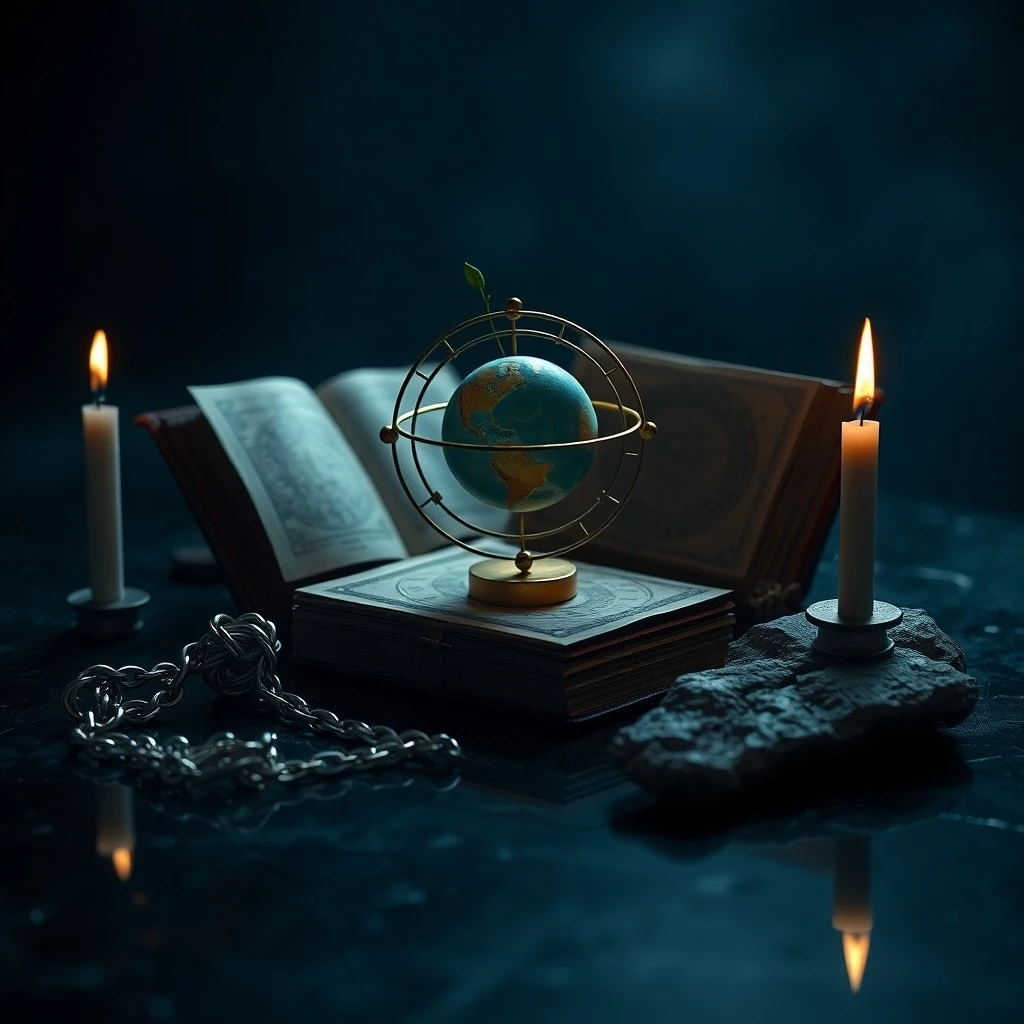 Antique brass astrolabe on a worn leather astrology book, illuminated by soft window light.
