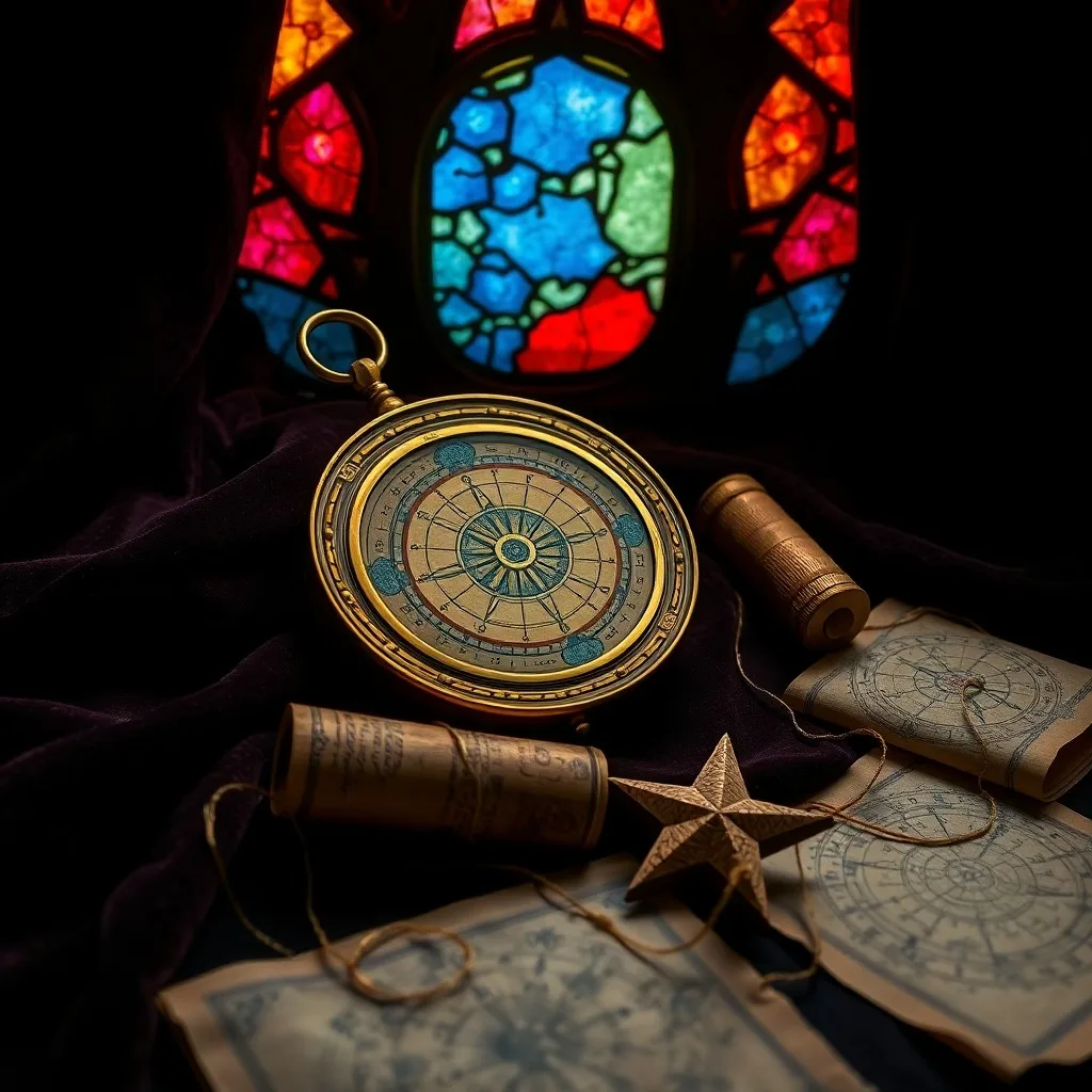 Cinematic still life of an antique brass astrolabe resting on a leather-bound book of celestial charts, illuminated by a single beam of moonlight, with visible dust motes and rich textures.