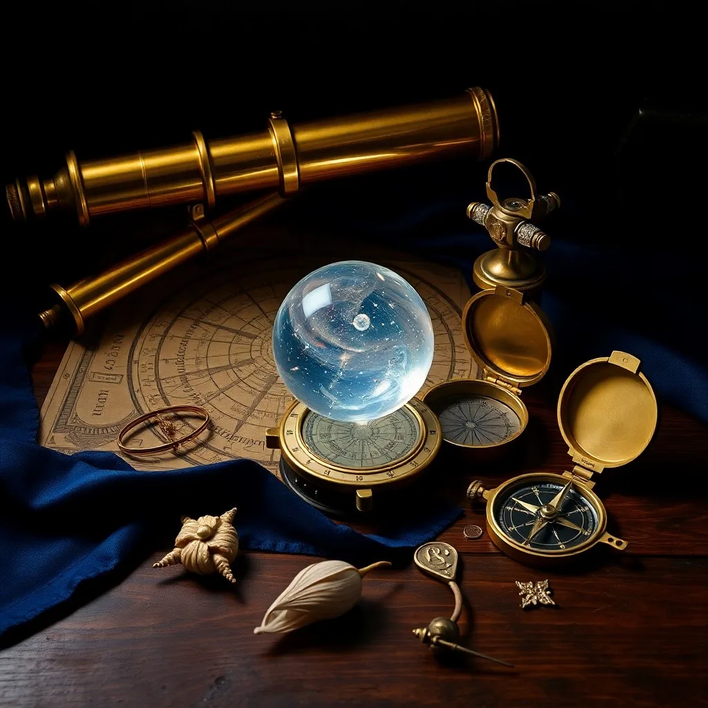 Vintage desk with a resignation letter, compass, and crystal ball reflecting constellations, cinematic still life